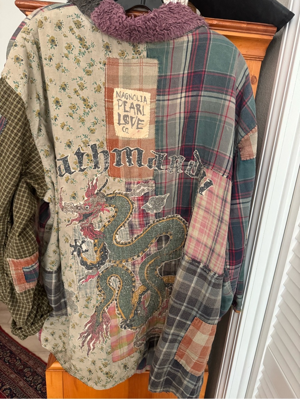 Magnolia Pearl Patchwork Dragon Button-Down Shirt Jacket - Green, Cream, Pink